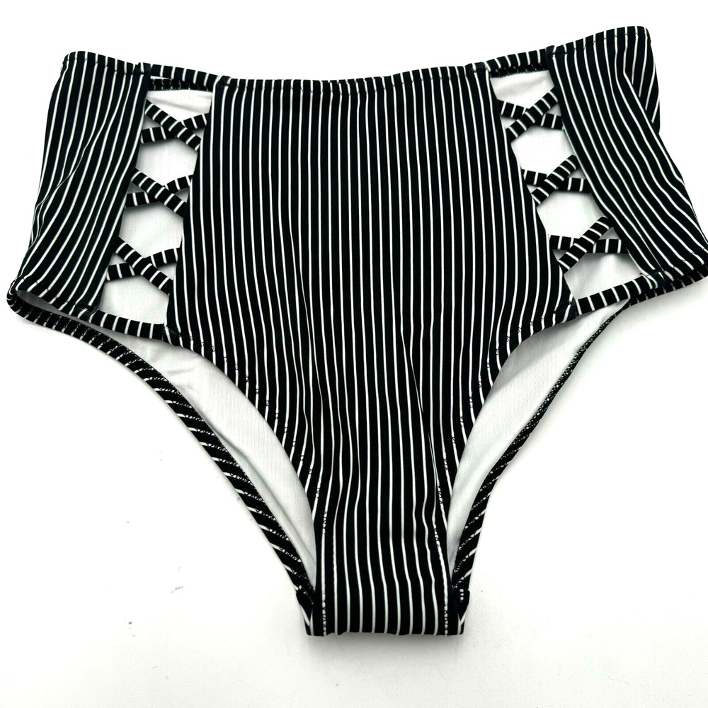 SHADE & SHORE | NEW Small Caged High Waist‎ Bikini Bottom Black White Stripe